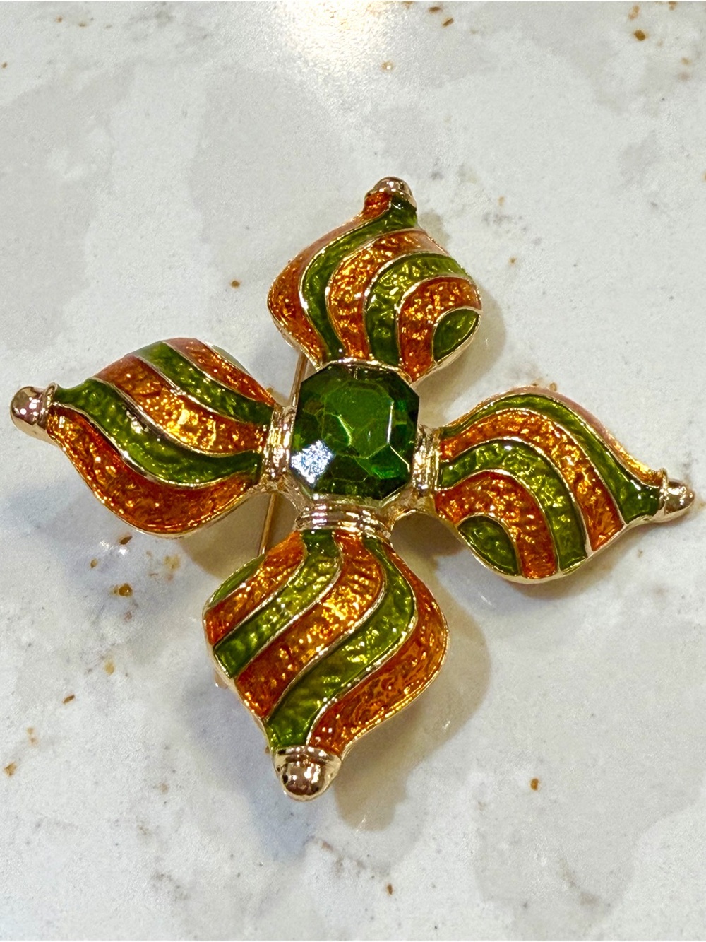 Green & Orange Enamel Floral Brooch with Faceted Center Stone